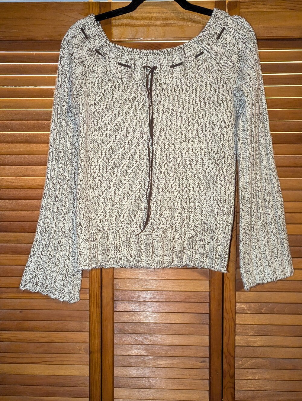 Vintage Flared Sleeve Cream And Brown Sweater With Leather Detail